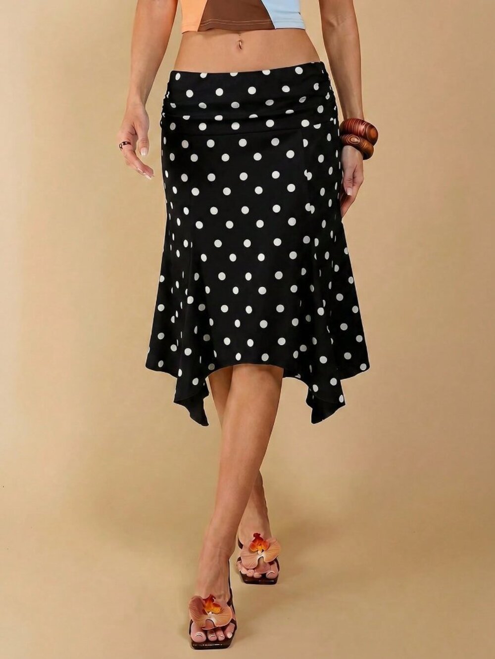 Black Elegant Women's Casual Asymmetric Hem Polka Dot Skirt
